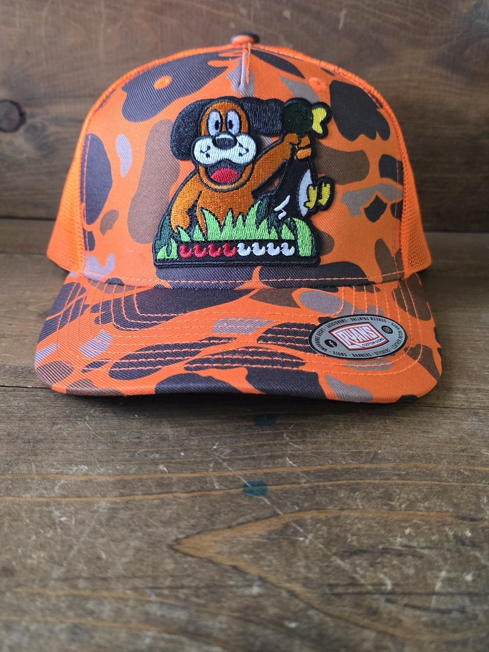 Orange Camo Duck Hunt Trucker Hat - Fun Patch Design